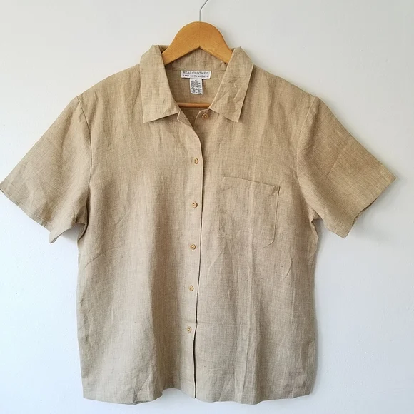 Vintage Real Clothes Saks Fith Avenue  100% Linen Beige Button Front Shirt  M - Picture 2 of 11